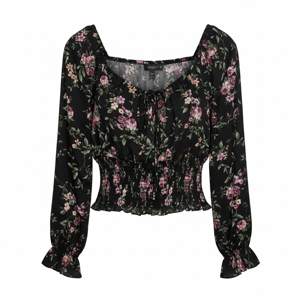 Forever 21 Plus Size Black Floral Smocked Tie Front Peasant Blouse Long Sleeve